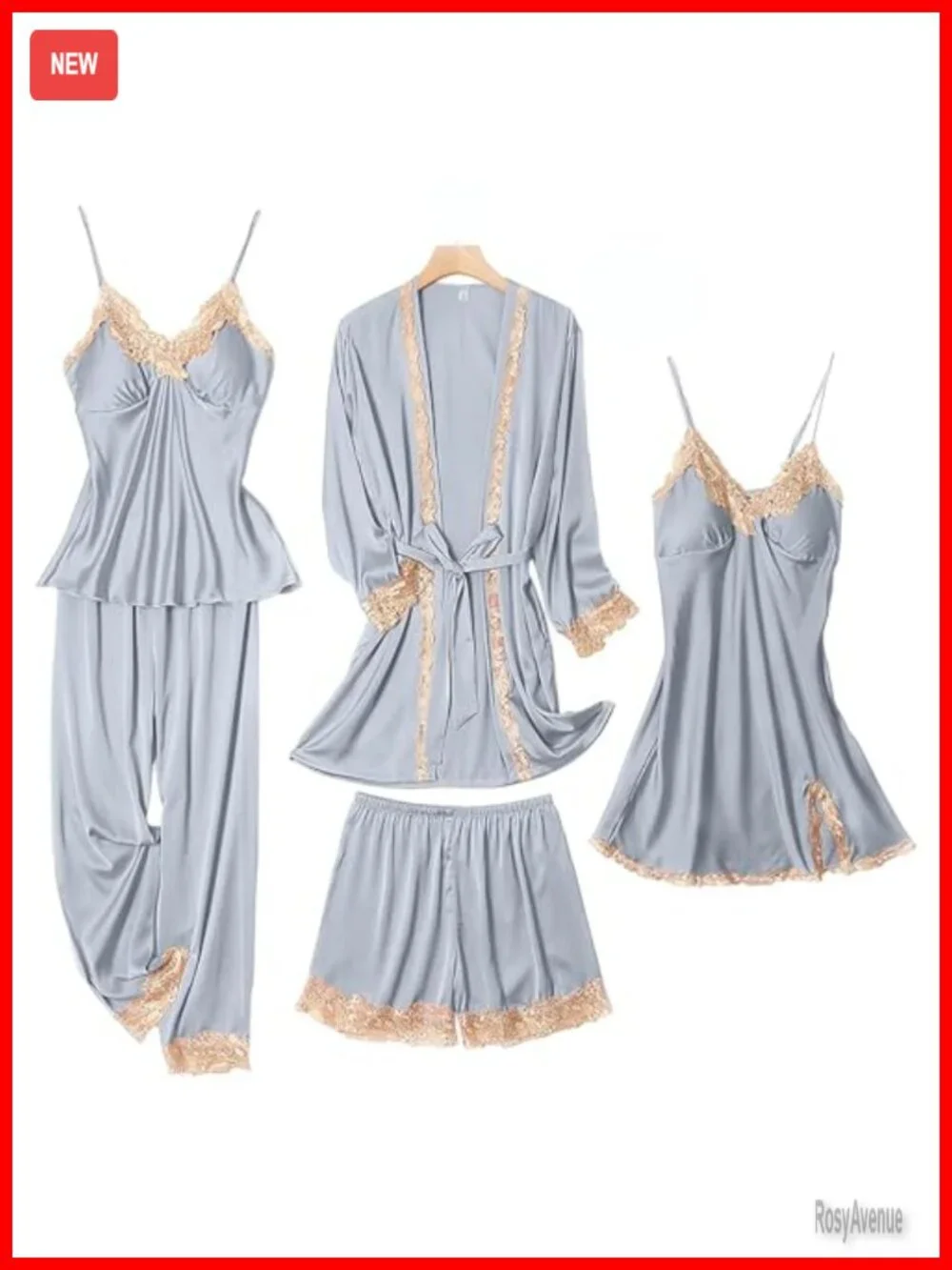 5 Pc Silk Pajama Set Satin Sleepwear Loungewear Robe Camisole Shorts Pants